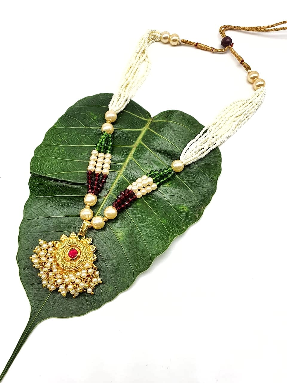 image for Gold Plated Necklace with Designer Pendant Pink Stone Multicolor White Pearl Bead Mala Necklace