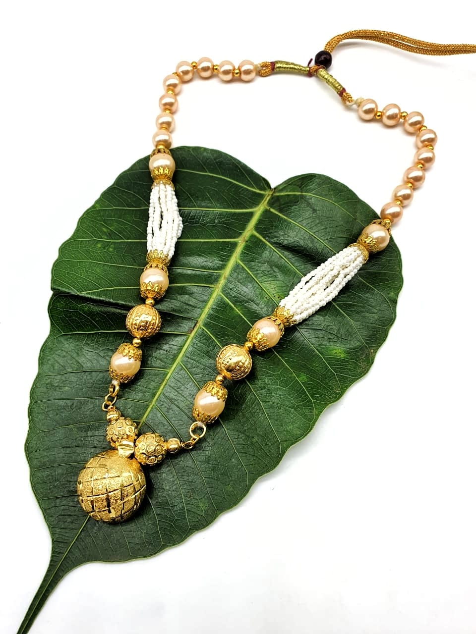 image for Gold Plated Necklace with Vati Pendant Big Golden Bead Mala Necklace