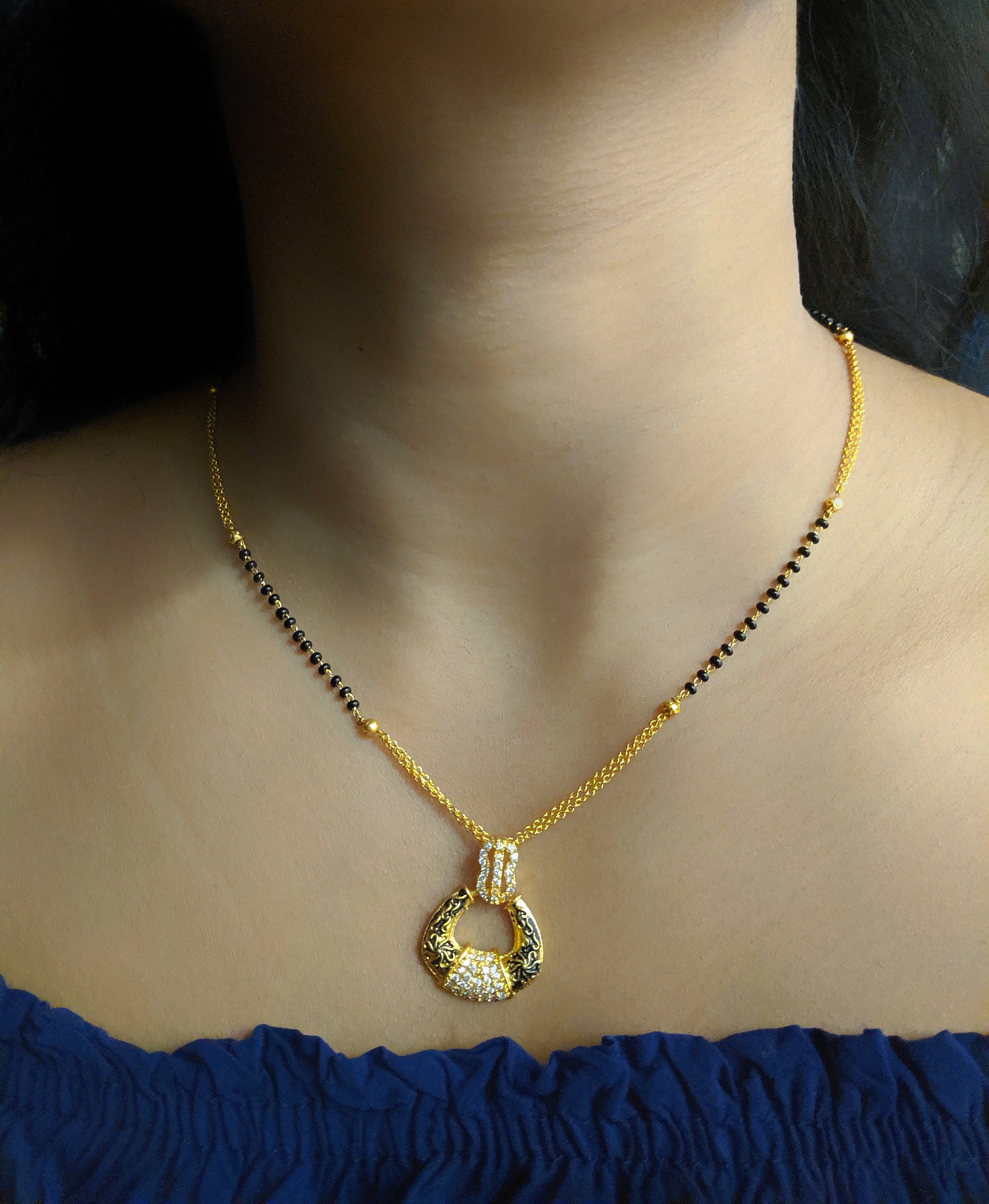 image for Short Mangalsutra Designs Gold Plated Latest Antique Enamel Work Stone Pendant Mangalsutra