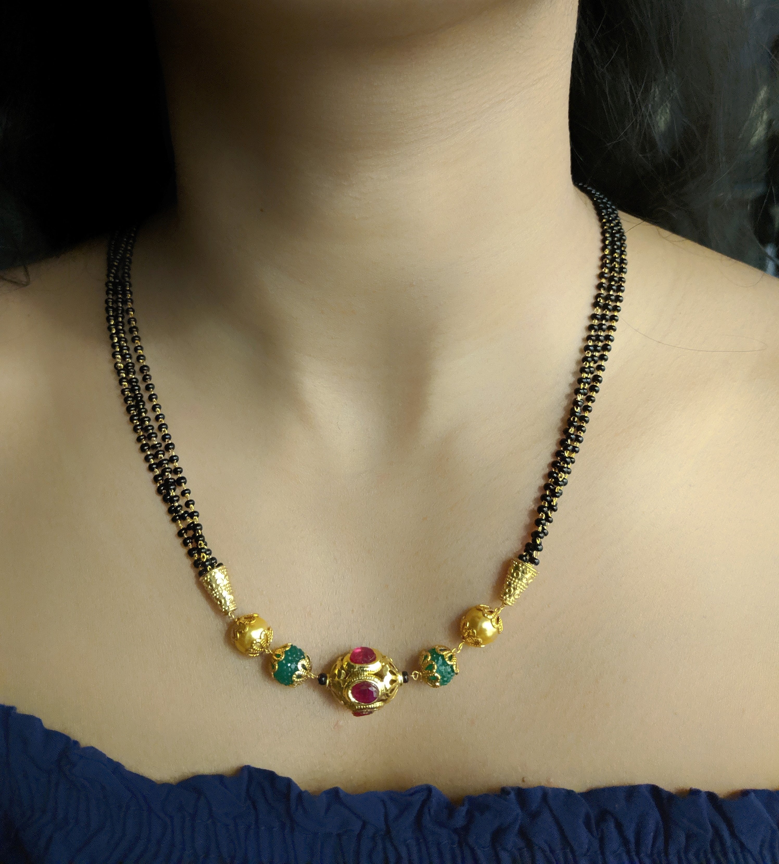 image for Short Mangalsutra Designs Gold Plated Latest Red Stone Green Beads Mangalsutra