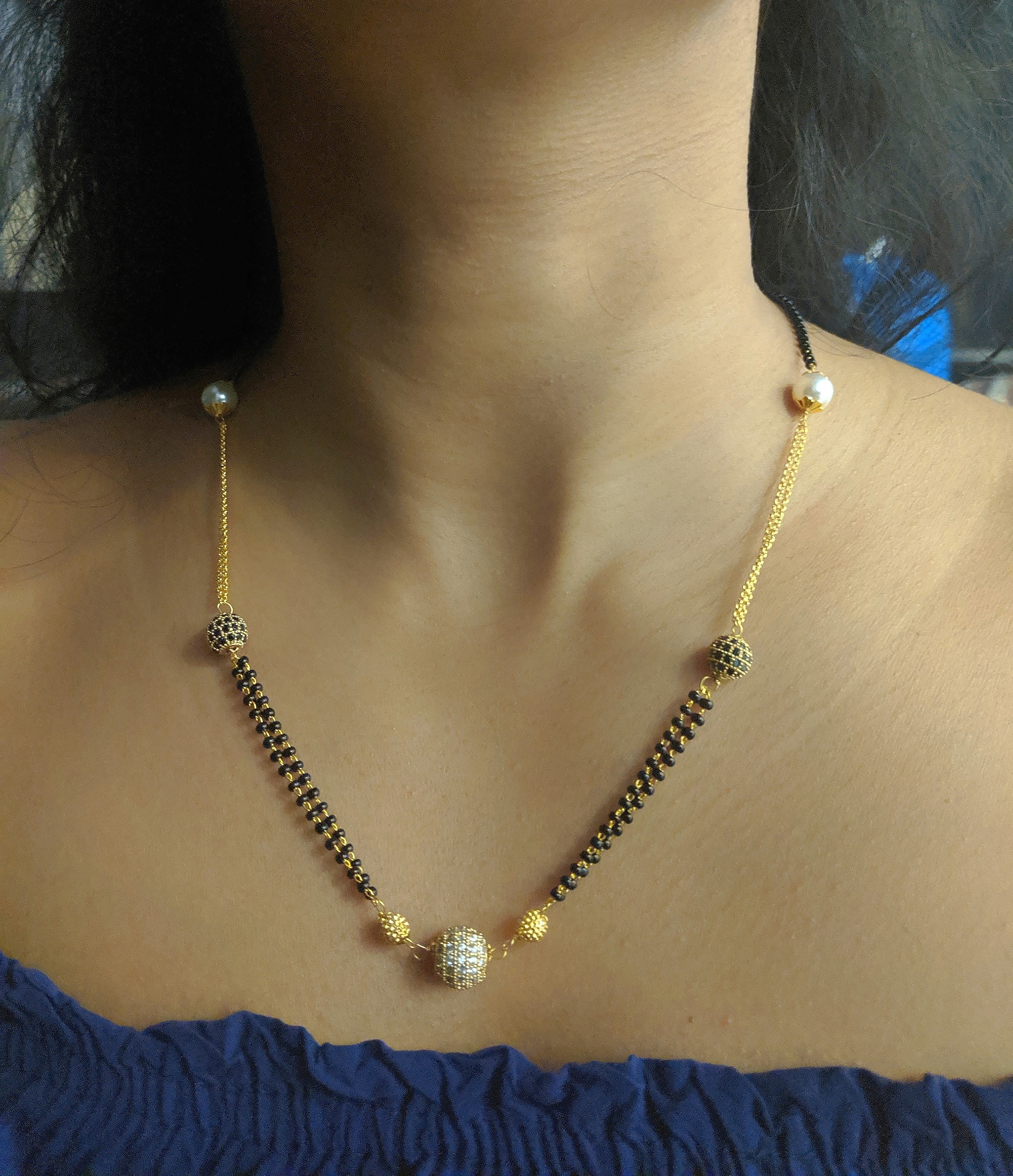image for Short Mangalsutra Designs Gold Plated Latest White Pearl & American Diamond Round Pendant Mangalsutra