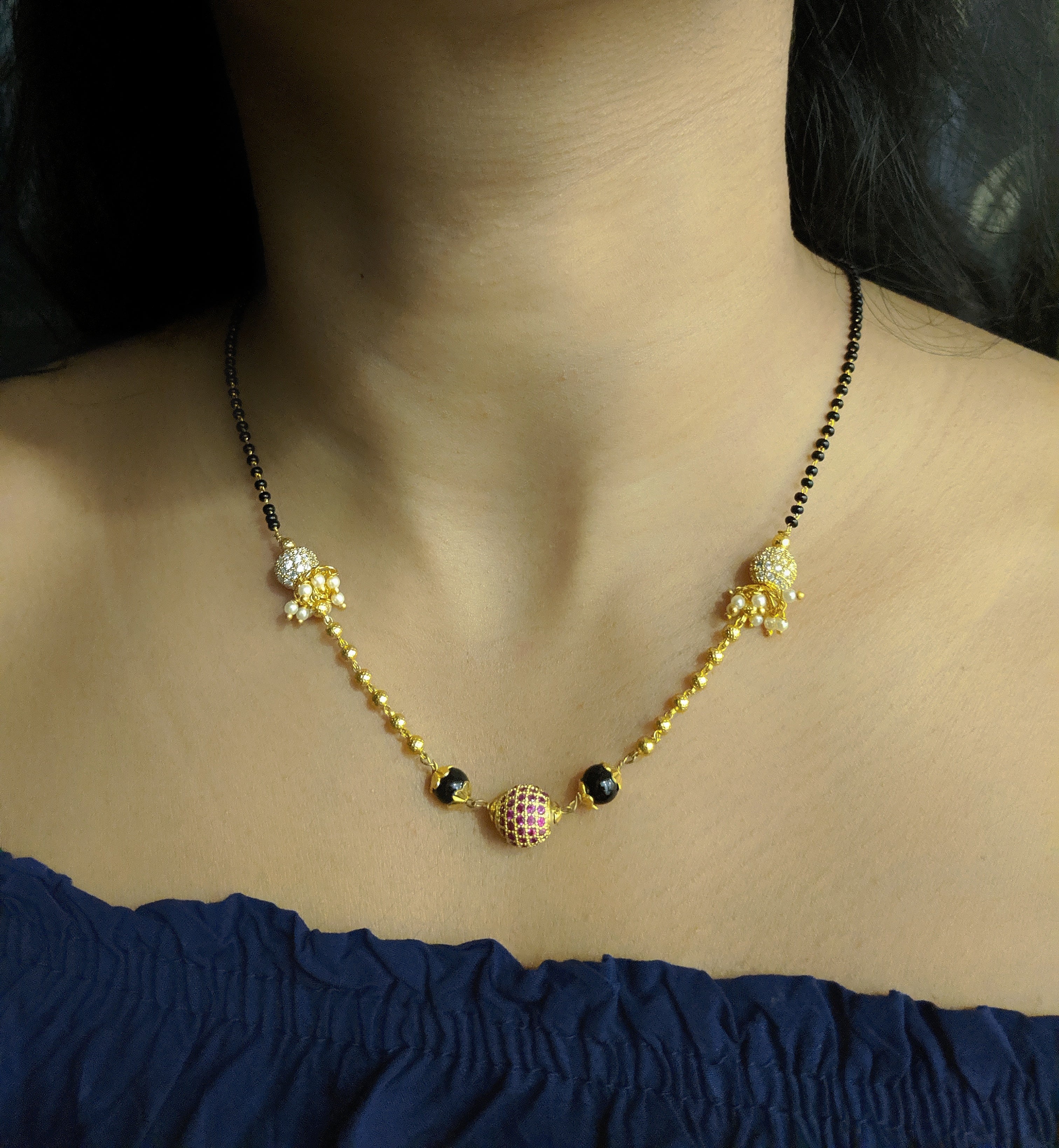 image for Short Mangalsutra Designs Gold Plated Latest Women's Pride Diamond Round Balls Mangalsutra