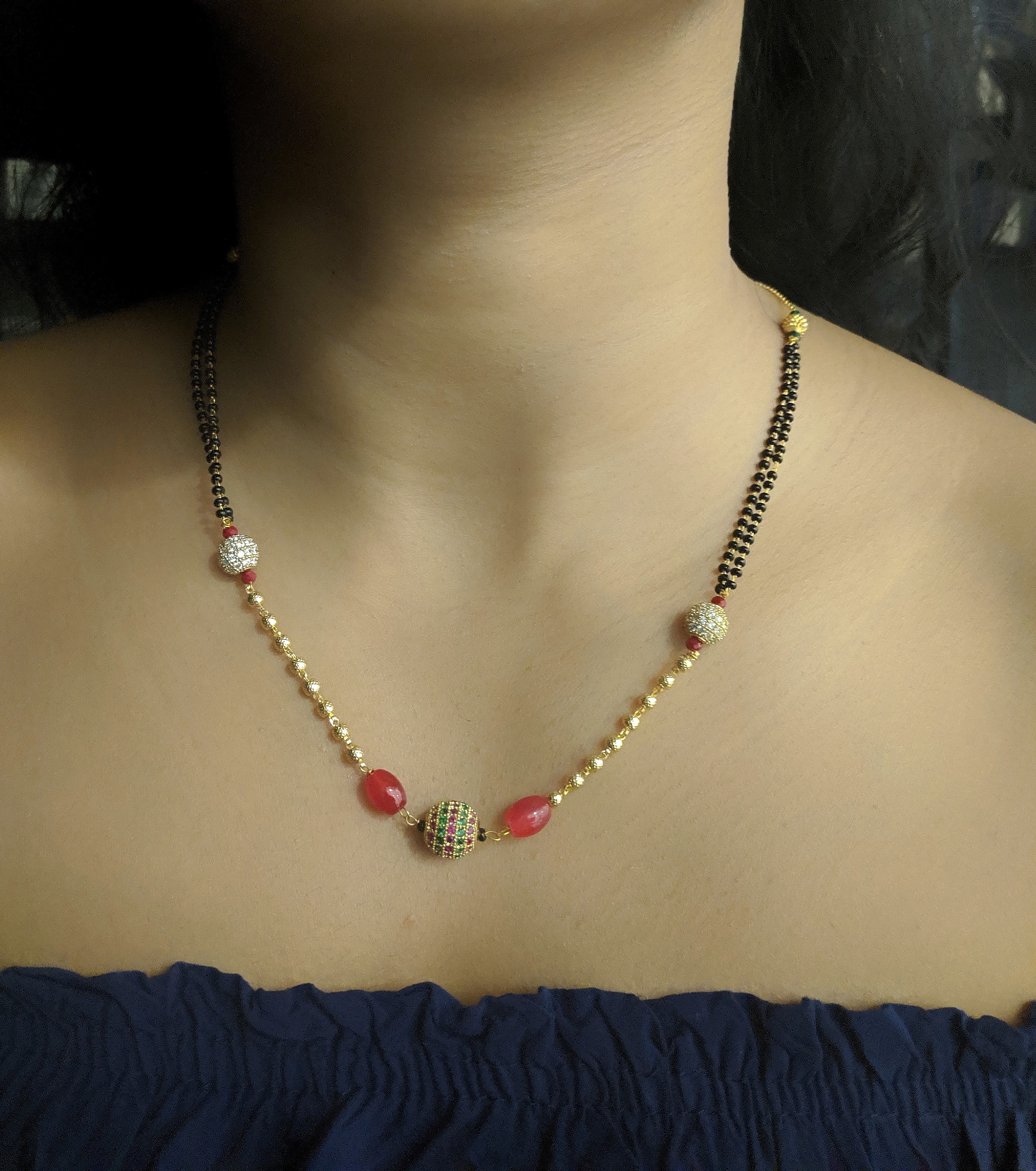 image for Short Mangalsutra Designs Gold Plated Latest Diamond Round Ball Red Beads Mangalsutra