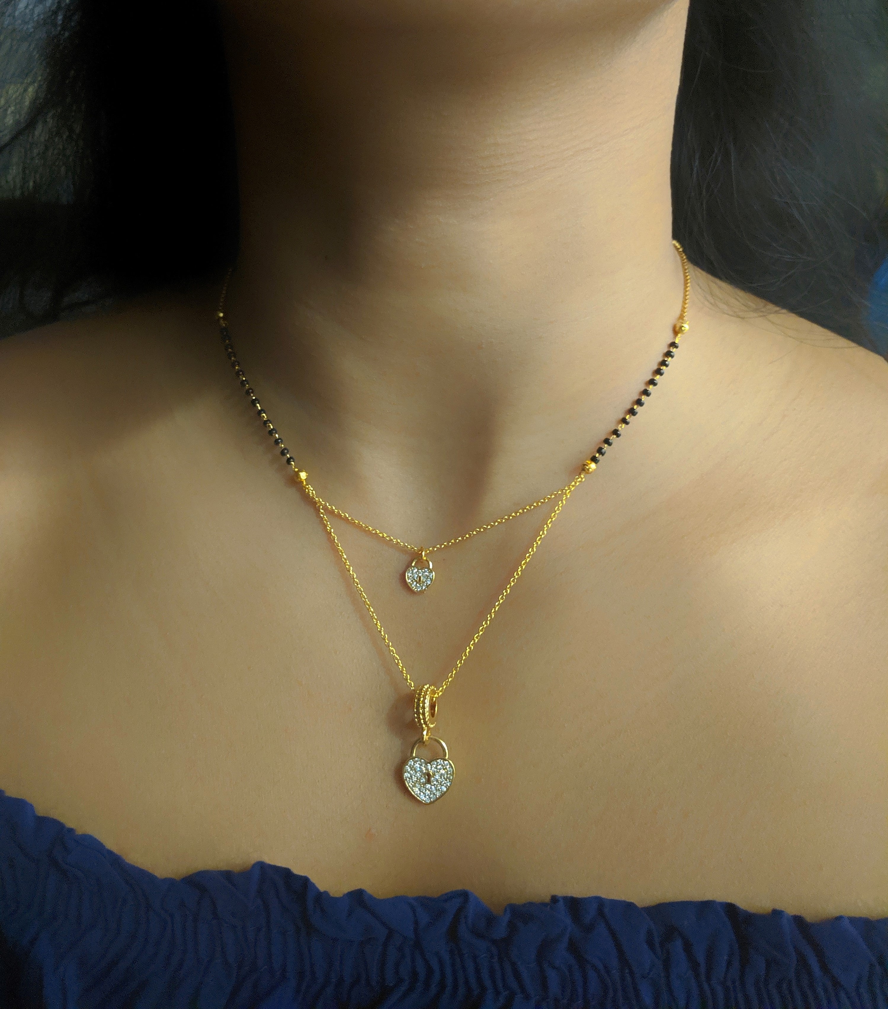 image for Short Mangalsutra Designs Gold Plated Latest Diamond Heart Locket 2 Layer Mangalsutra