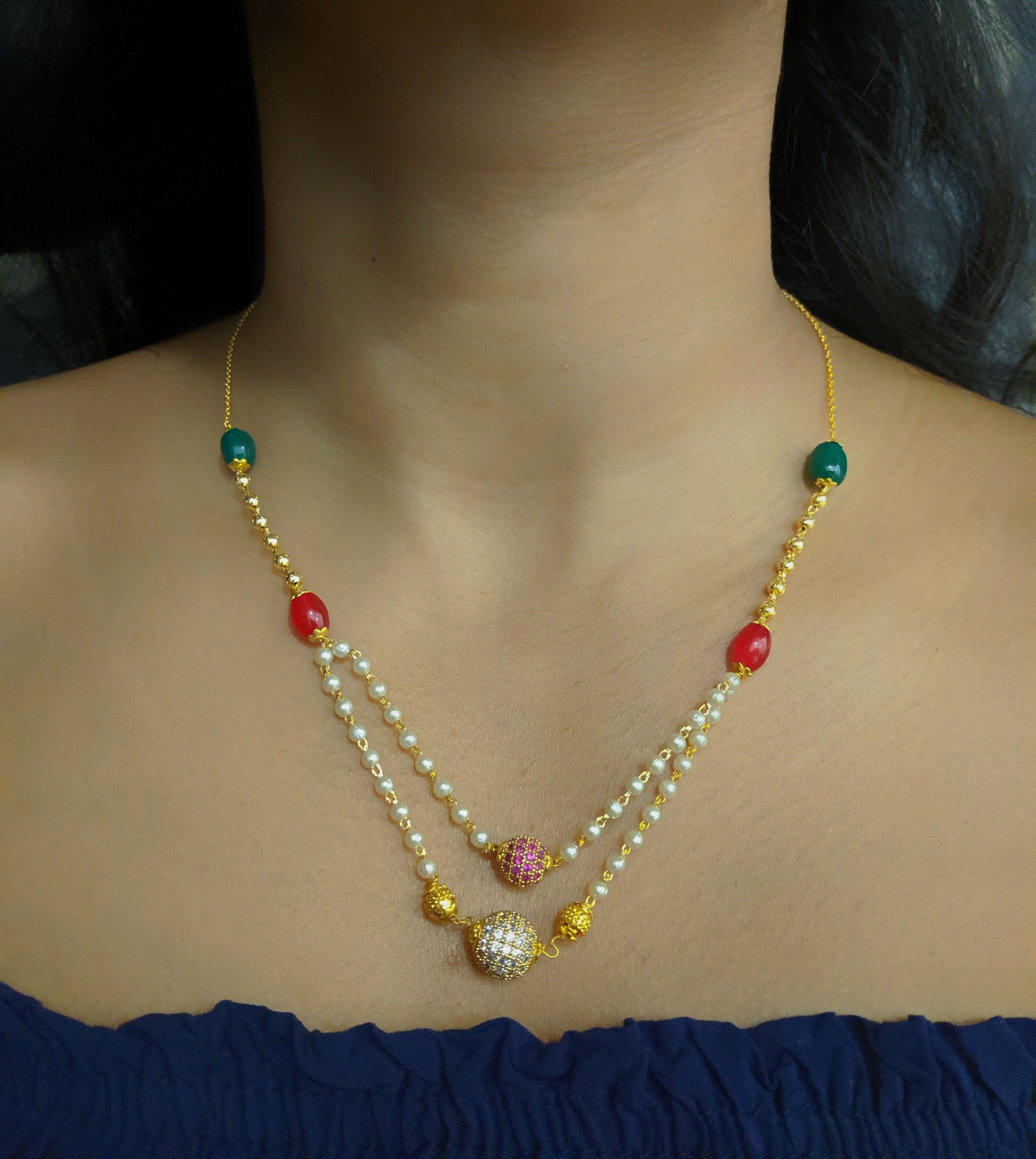 image for Latest Short Necklace Designs in Gold Finish Diamomnd Round Balls 2 Layer Necklace