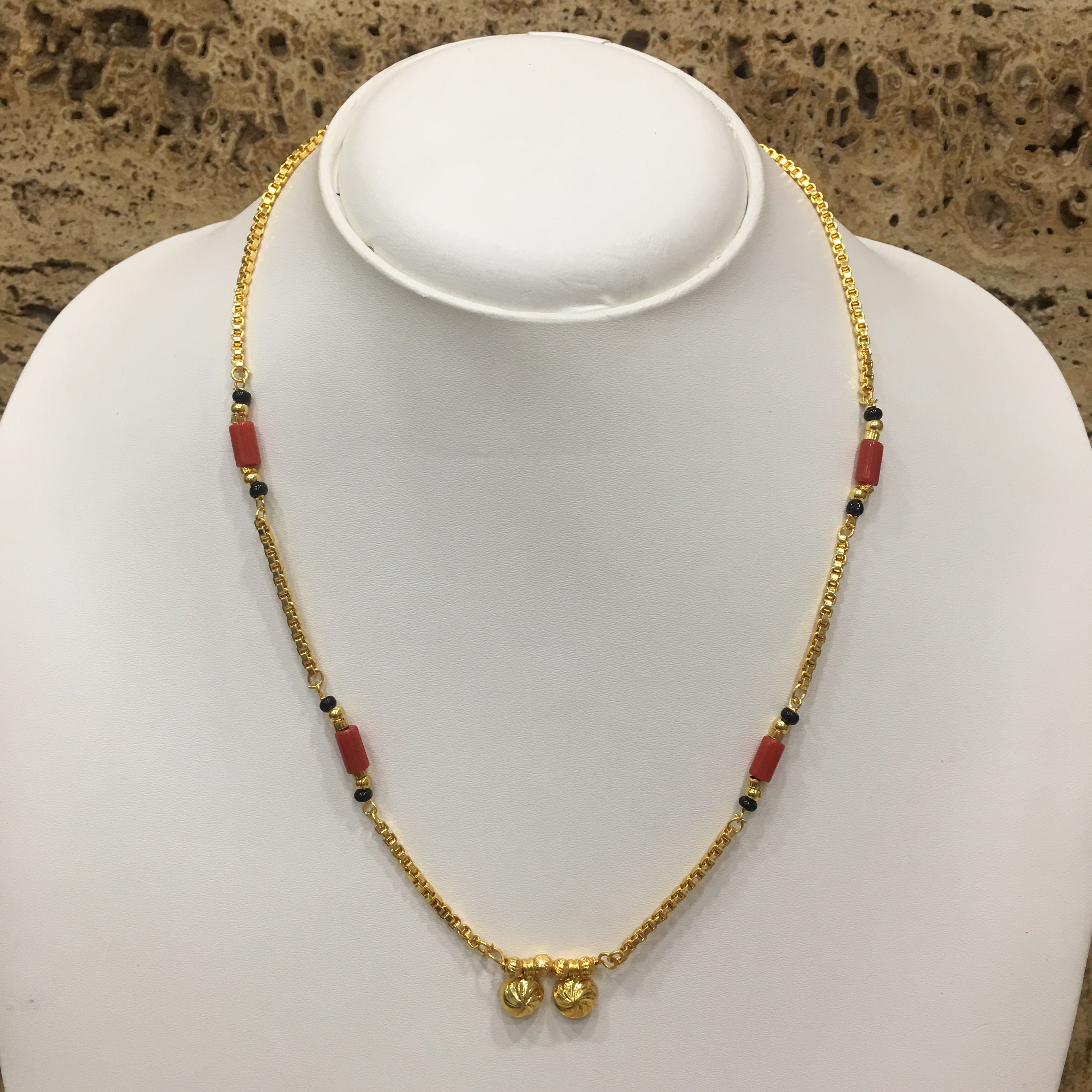 image for Short Mangalsutra Designs Gold Plated Latest 2 Vati Pendant Coral & Black Beads Mangalsutra