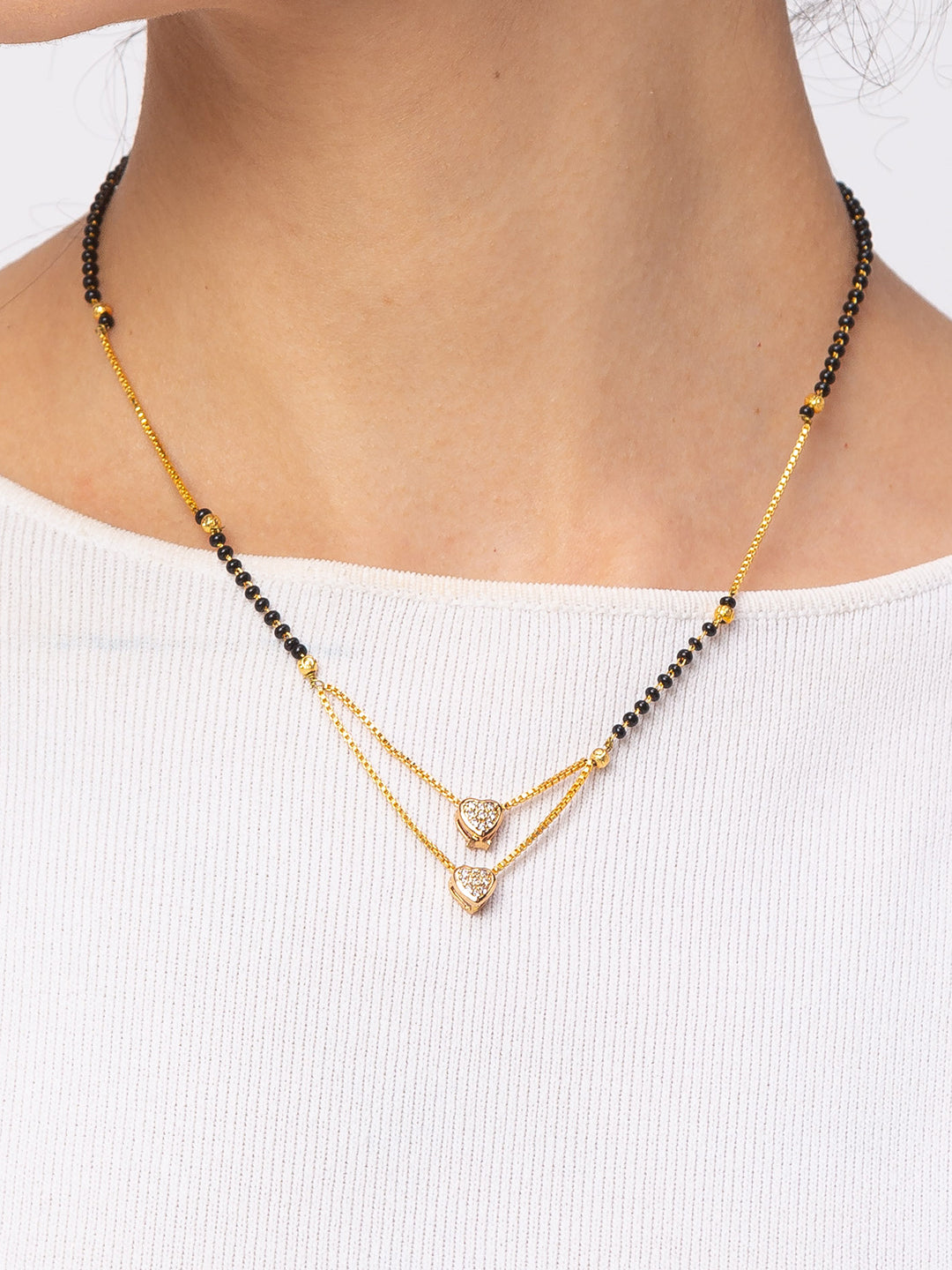 image for Short Mangalsutra Designs Gold Plated Heart Shape American Diamond Pendant Black Beads मंगलसूत्र