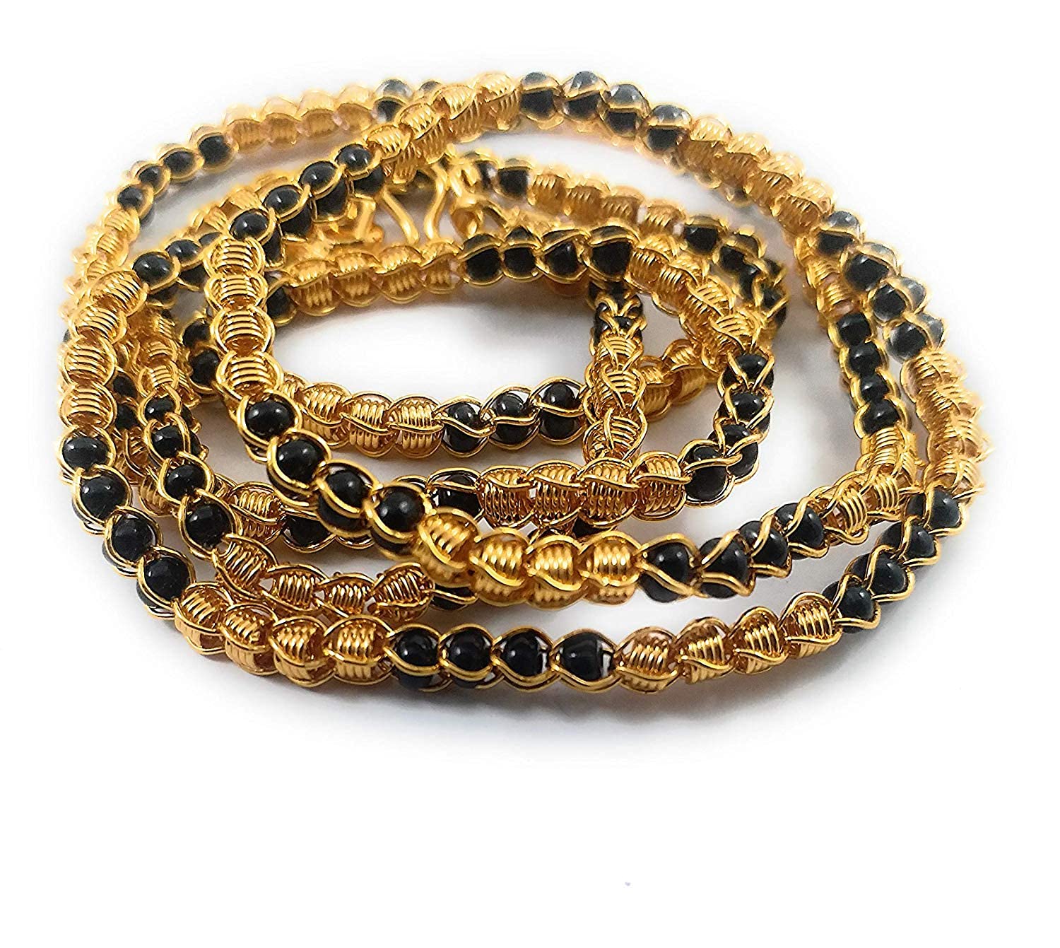 image for South Indian Style Long Mangalsutra Designs Gold Plated Spiral Chain Black Beads Pattern (28 Inches)