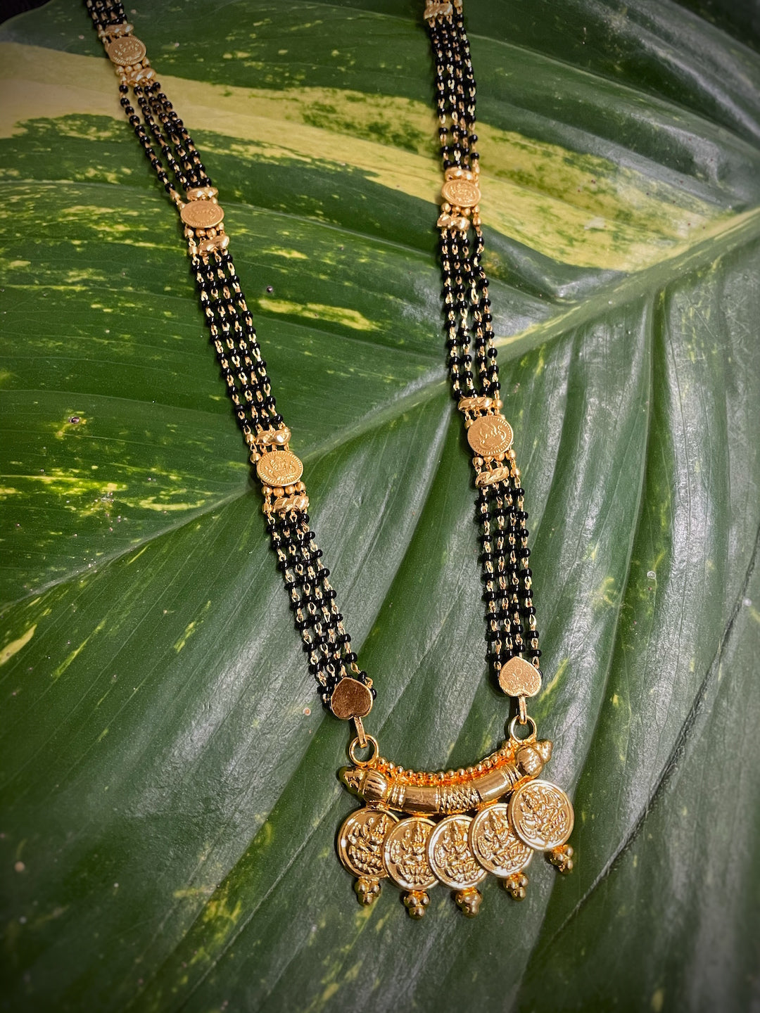 image for Long Mangalsutra Designs Gold Plated Laxmi Coins Pendant Maharashtrian Style Black Beads Mangalsutra