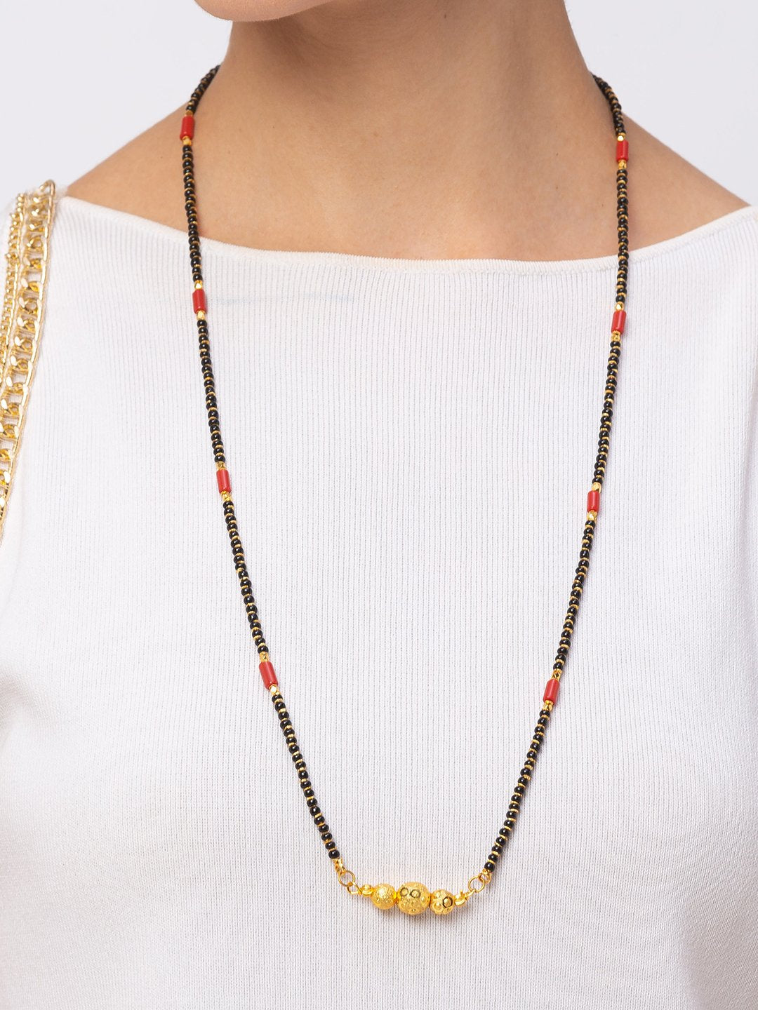 image for Gold Plated Long Mangalsutra Latest Design Tanmaniya/Long Gold Chain/Black Red Beads (28 Inch)