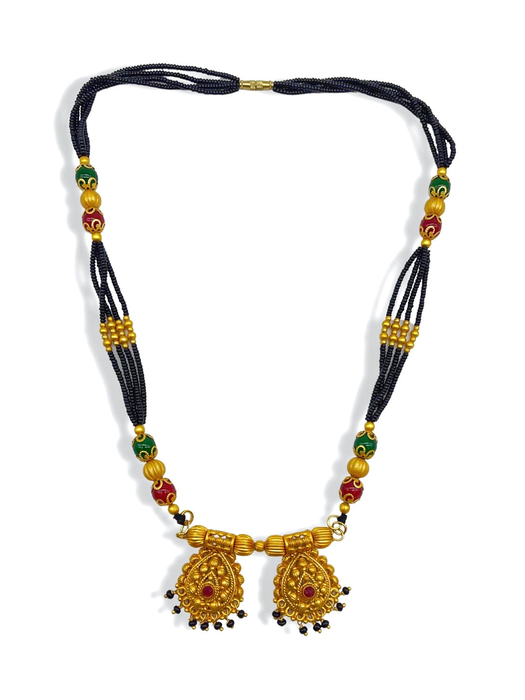 image for Short Mangalsutra Designs Gold Plated Stone Studded Vati Pendant with Multi Strands & Coloured Beads