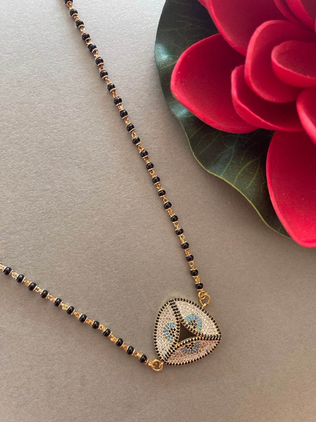 image for Trendy Long Mangalsutra Designs American Diamond Eye Evil Fancy Pendant Black Beads Chain