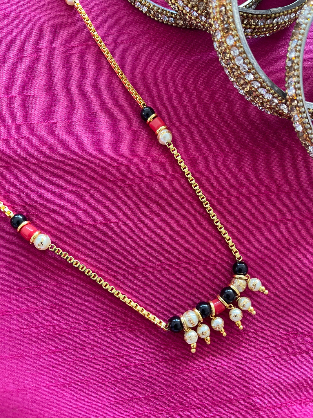 image for Long Mangalsutra Designs simple gold mangalsutra Pearls Pendant black red beads gold chain