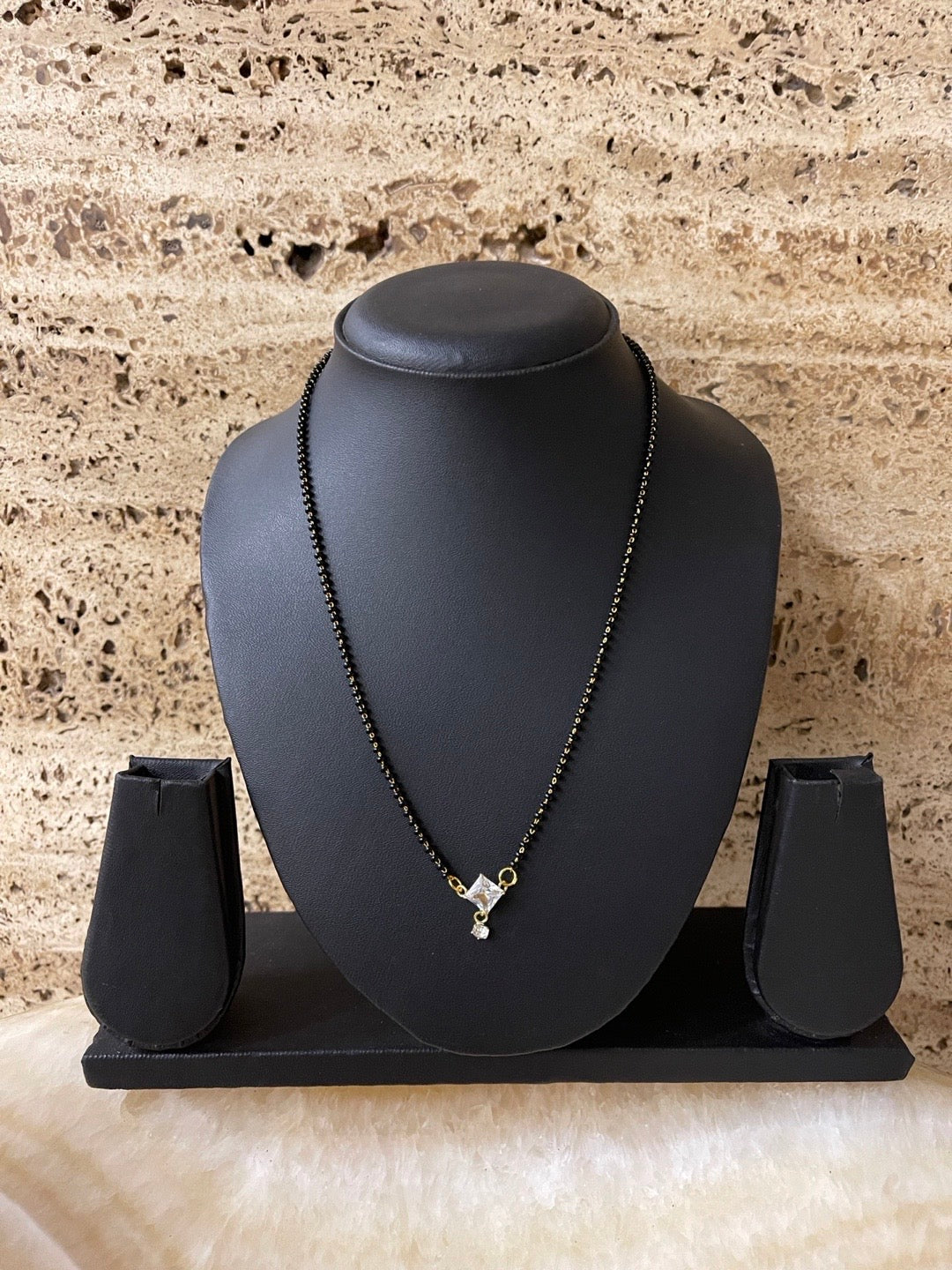 image for Simple Short Mangalsutra Designs American Single Diamond Square Pendant Black Beads Chain