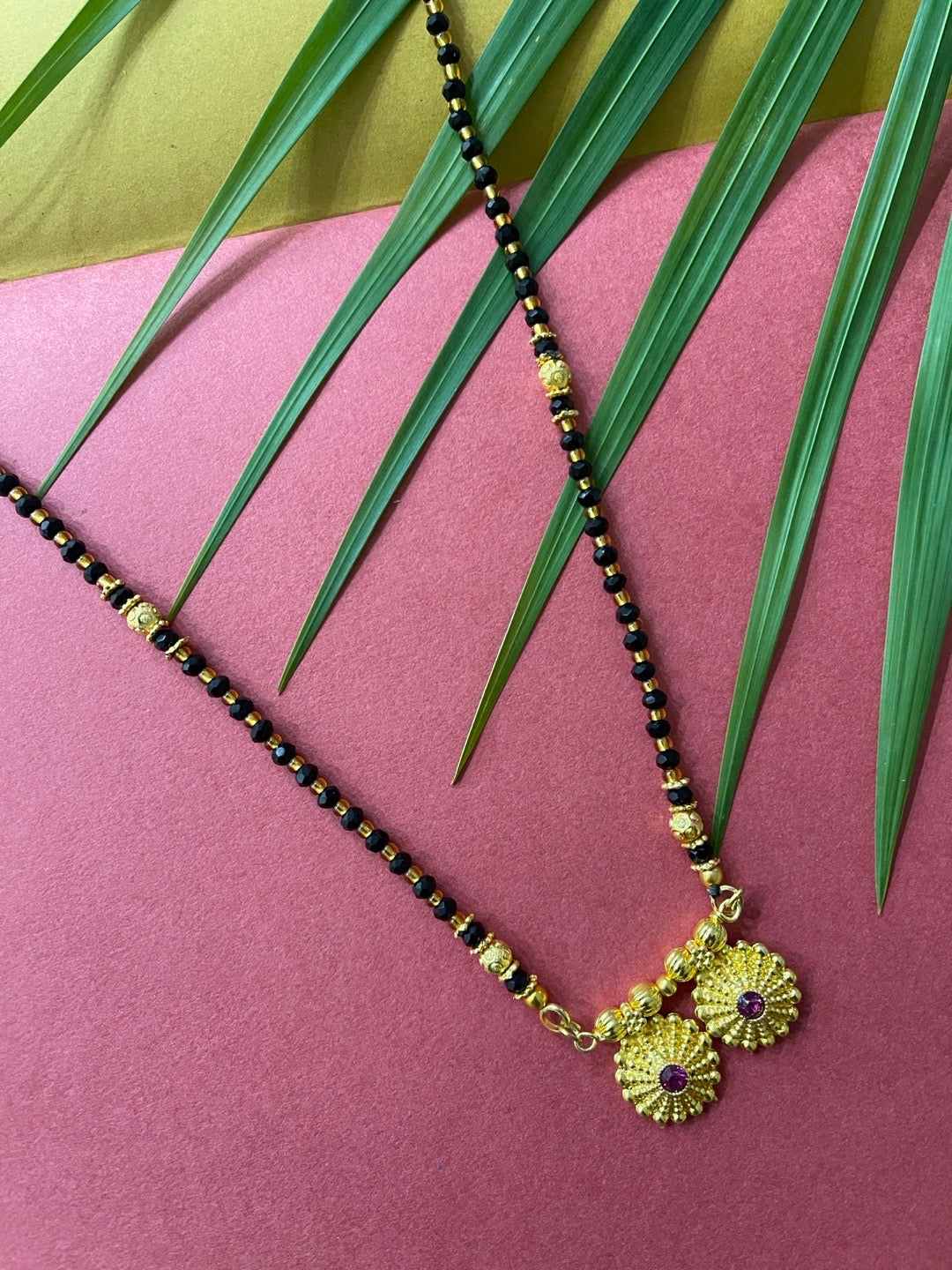 image for Long Mangalsutra Designs simple gold mangalsutra flower maharastrian vati pendant black beads chain