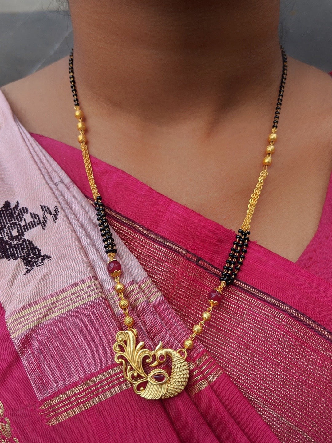 image for Short Mangalsutra Designs Peacock pendant bridal shaadi gold mangalsutra black gold beads chain