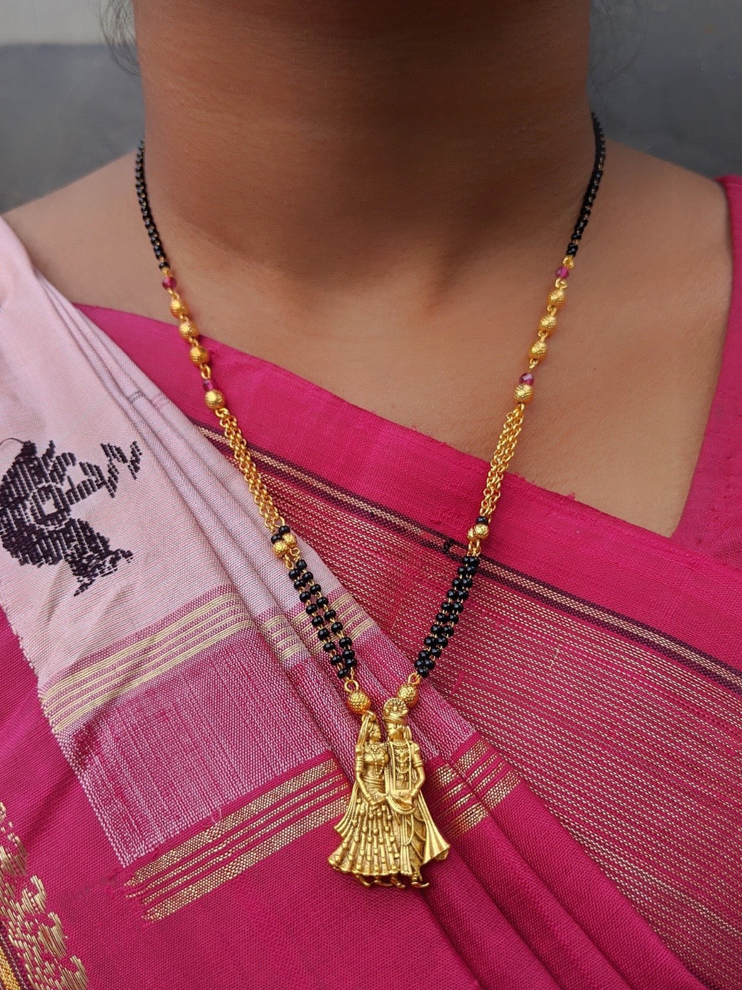 image for Short Mangalsutra Designs Lord Radha Krishna pendant bridal gold mangalsutra black gold beads chain