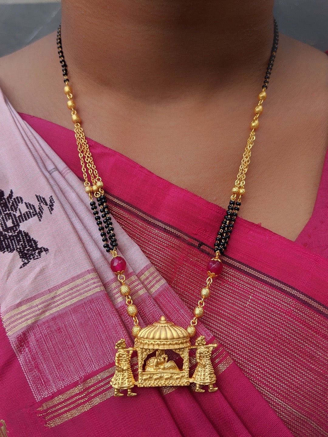 image for Short Mangalsutra Designs bridal on doli pendant bridal shaadi gold mangalsutra black beads chain