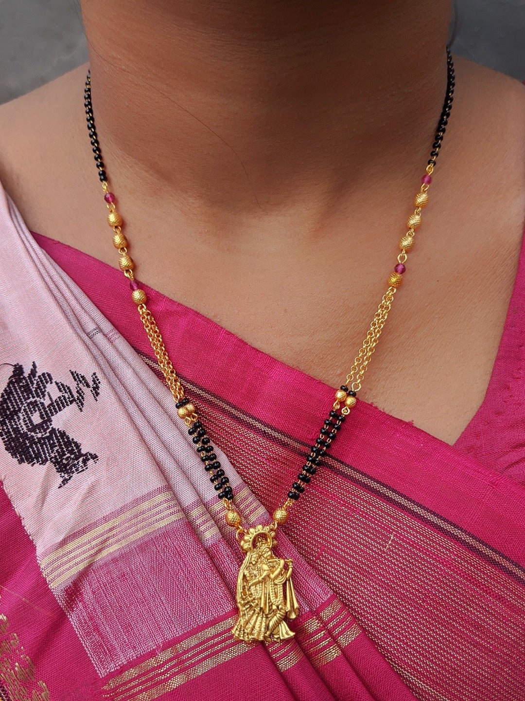 image for Short Mangalsutra Designs Lord Radha Krishna pendant gold mangalsutra gold pink black  beads chain