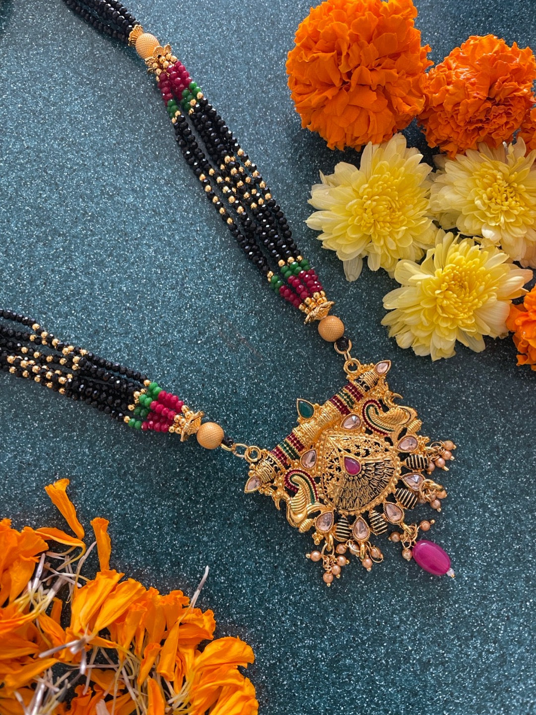 image for Short Mangalsutra Designs heavy gold mangalsutra Peacock design multicolor Crystal black beads chain