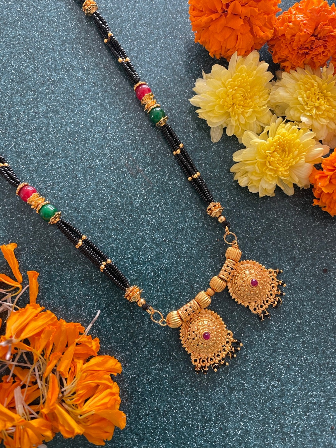 image for Short Mangalsutra Designs gold mangalsutra maharashtrian style vati multicolor black beads chain