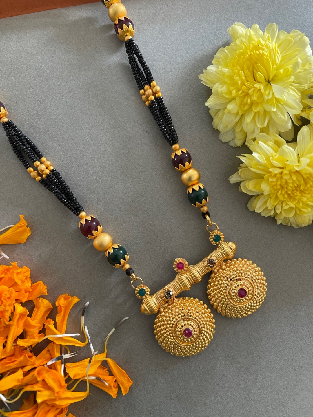 image for Short Mangalsutra Designs gold mangalsutra maharashtrian style vati pendant gold black beads chain