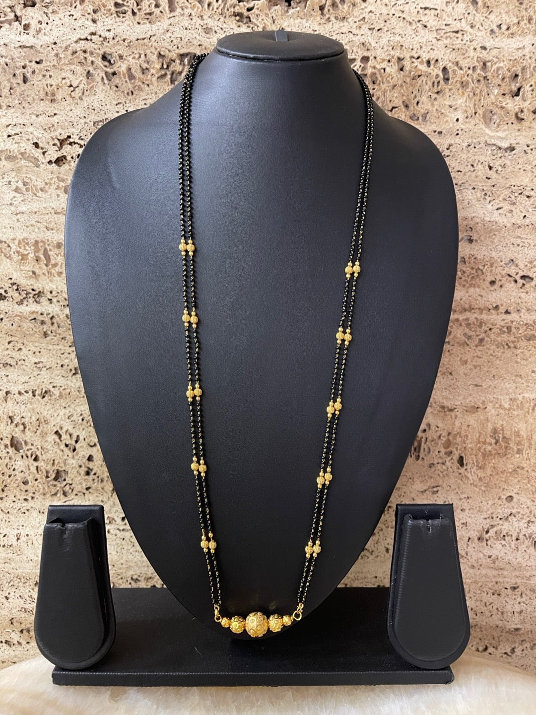 image for Gold Long Mangalsutra Designs With Ball Pendant In Traditional Marathi Style 2 Line Black Beads Chain