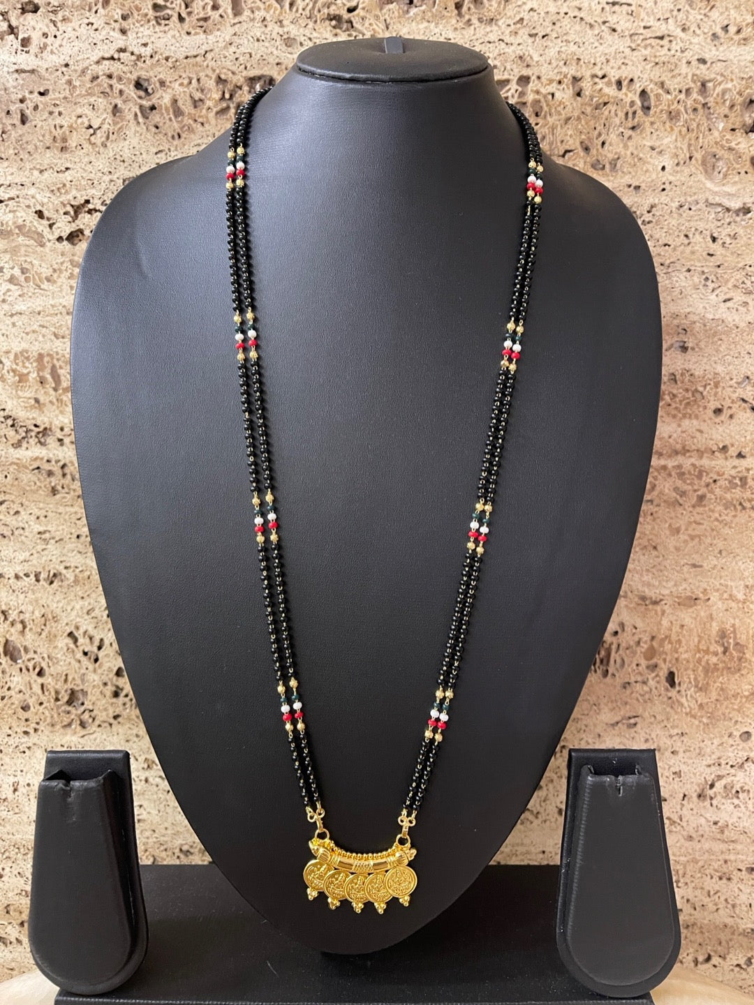 image for Long Gold Mangalsutra With Lakshmi (Laxmi) Coins In Traditional South Indian Style Black Beads Chain