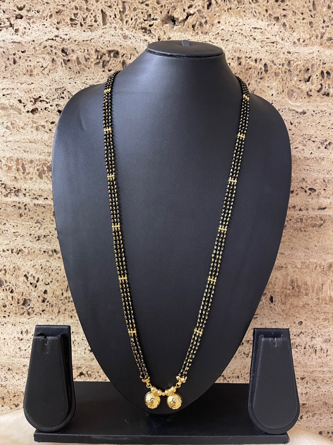 image for Long Gold Artificial Mangalsutra In Traditional Maharashtrian Style Vati Designs Black Beads Chain