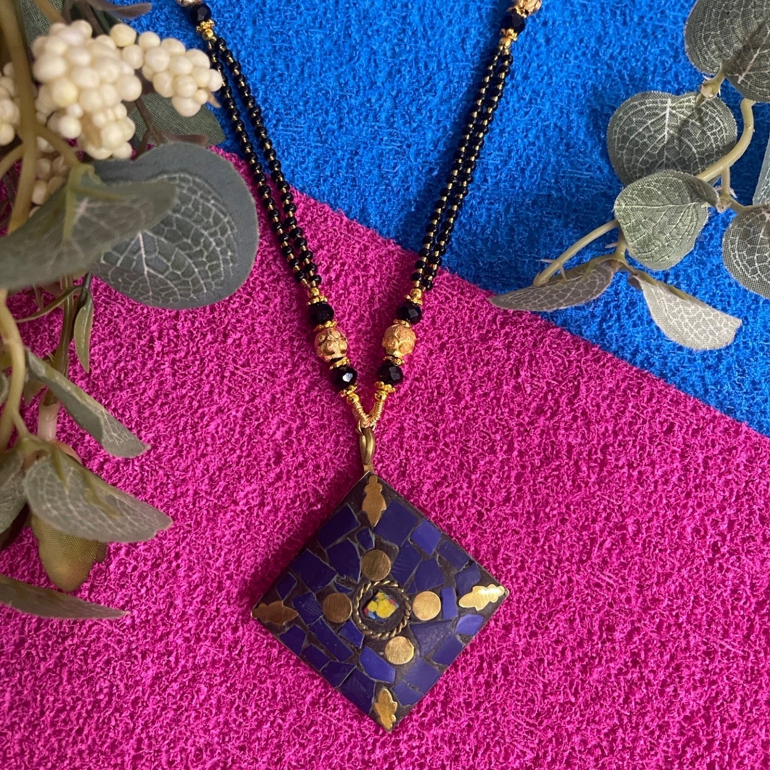 image for Long Mangalsutra with Purple Square Tibetan Pendant