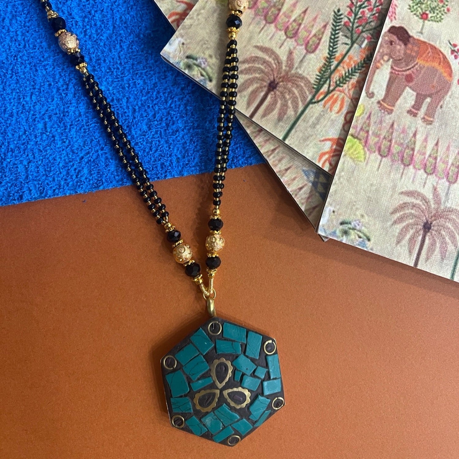 image for Long Mangalsutra with blue Hexagon Tibetan Pendant