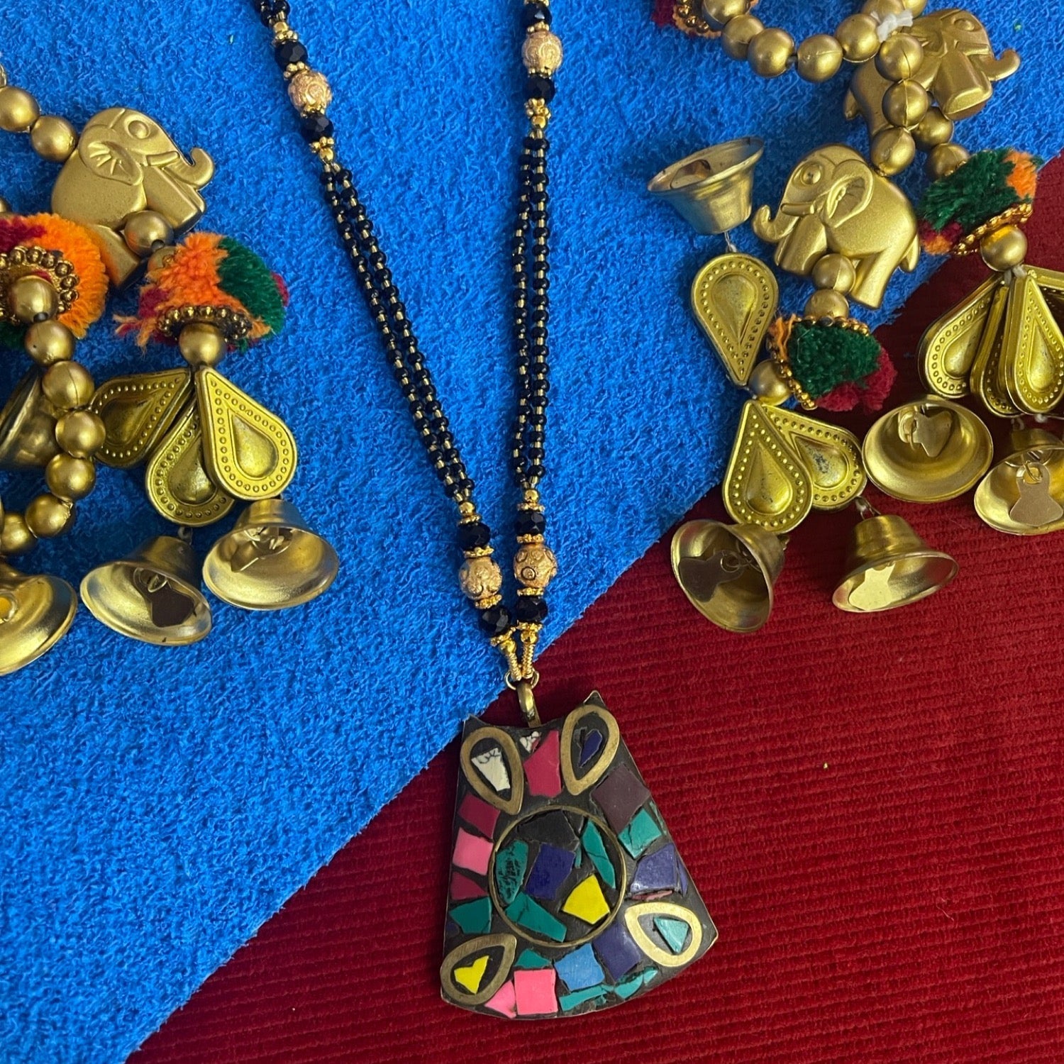 image for Long Mangalsutra with Multicolour Rectangle Tibetan Pendant