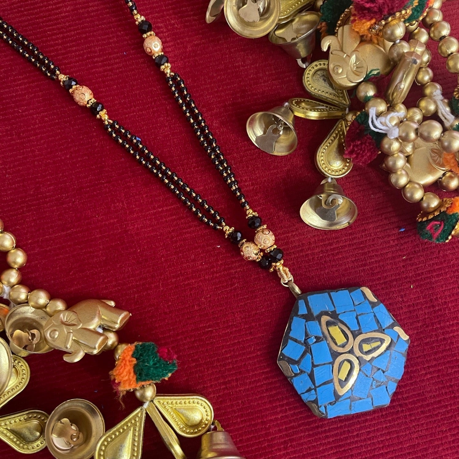 image for Long Mangalsutra with blue Hexagon Tibetan Pendant