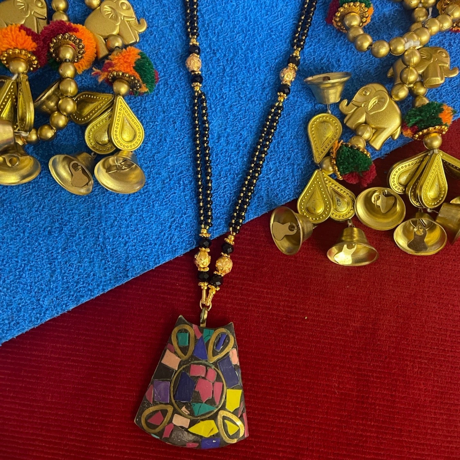 image for Long Mangalsutra with Multicolour Rectangle Tibetan Pendant