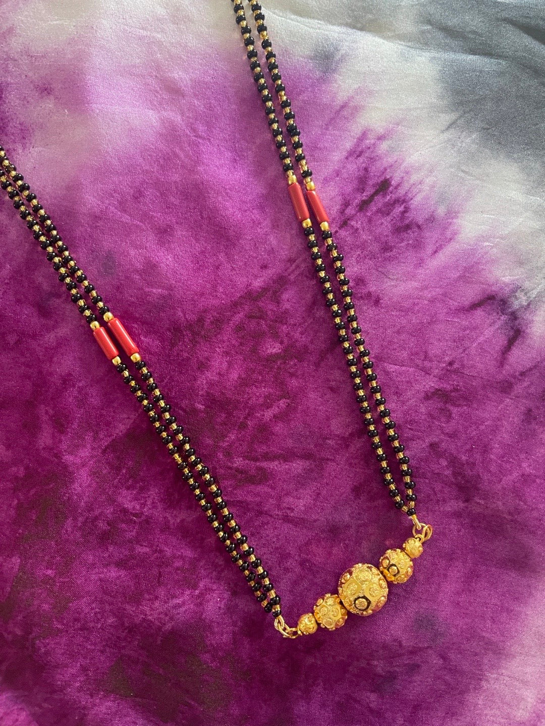 image for Artificial Gold Long Mangalsutra In Traditional Marathi Style Ball Design 2 Line Red/Black Beads Chain