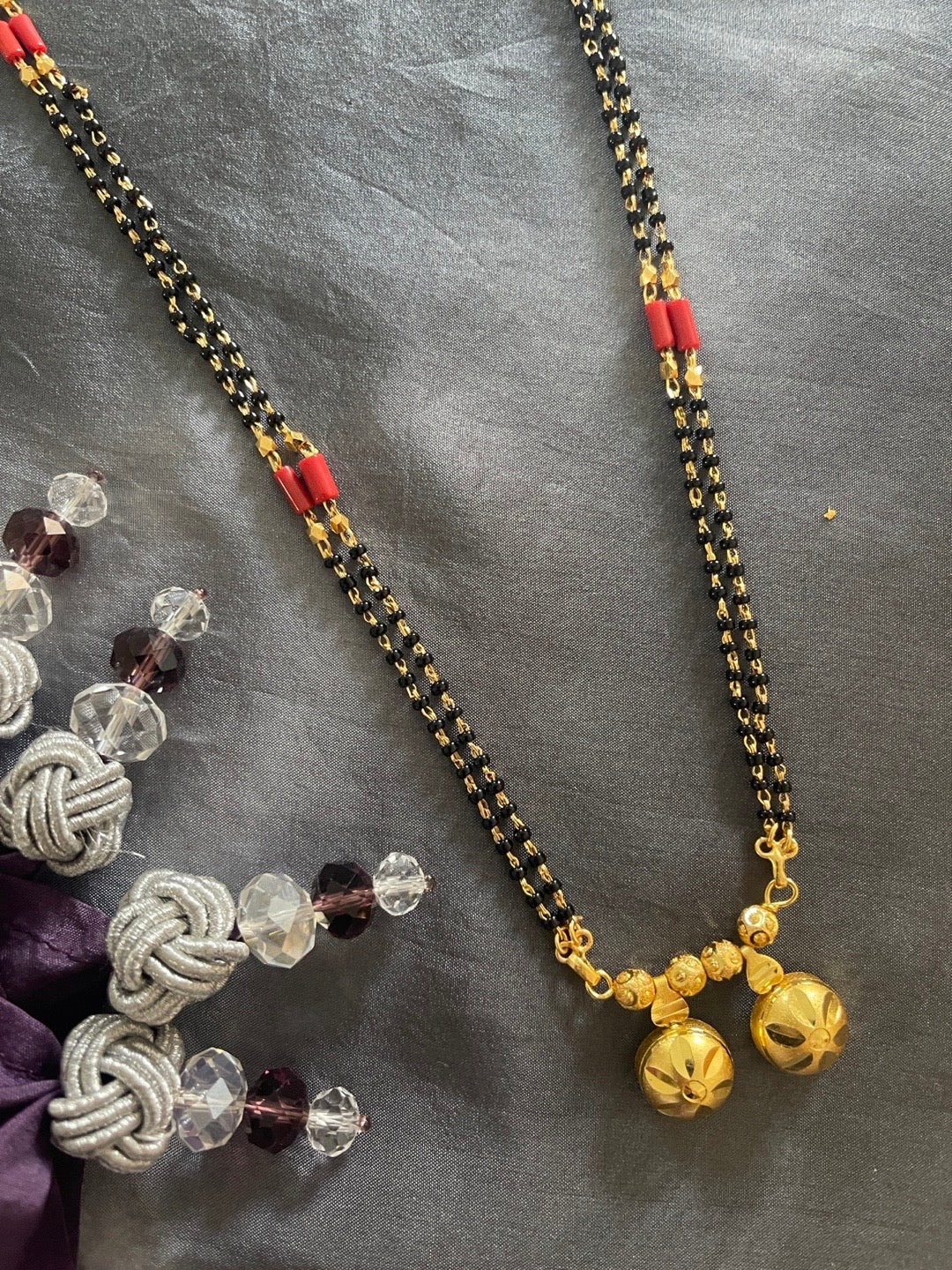 image for Simple Long Traditional Vati Mangalsutra Designs Double Layer Red & Black Beads Chain