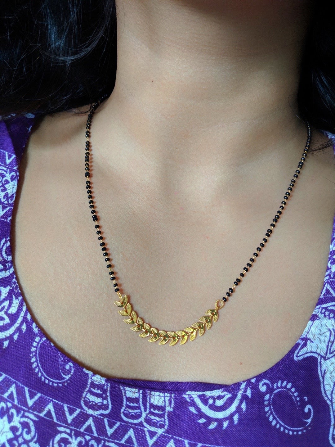 image for Simple Modern Short Mangalsutra Designs Gold Plated Leaf Designs Traditional Black Beads Chain