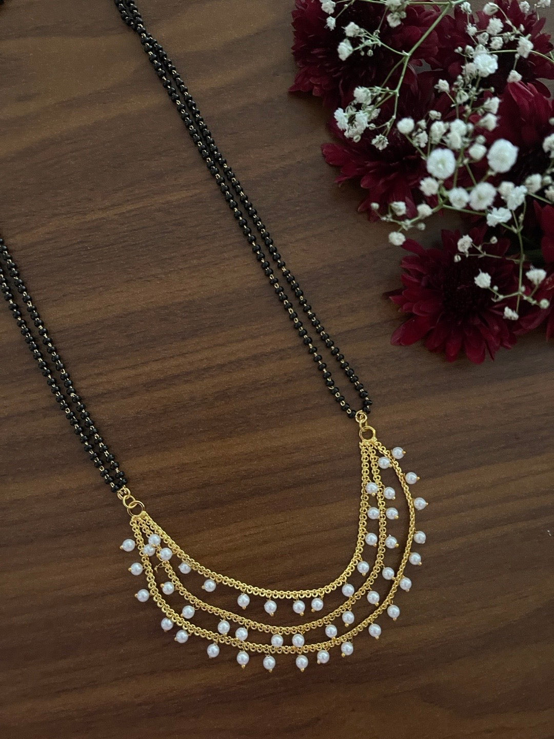 image for Modern Short Mangalsutra Designs 3 Layers With White Moti Traditional 2 Line Black Beads Chain