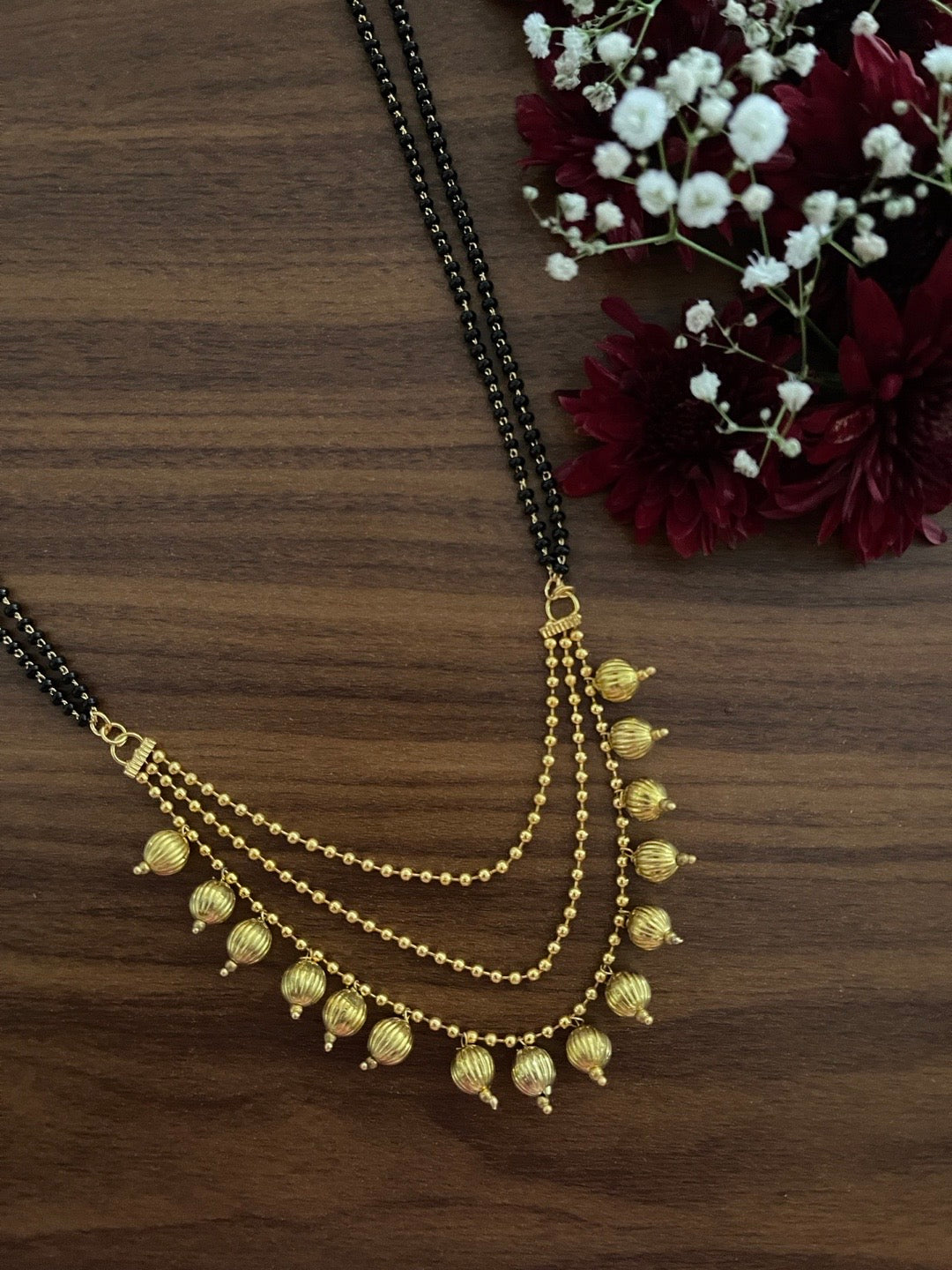 image for Gold Plated Long Mangalsutra Designs 3 Layered Ball Shape Latkan With Double Line Black Beads Chain