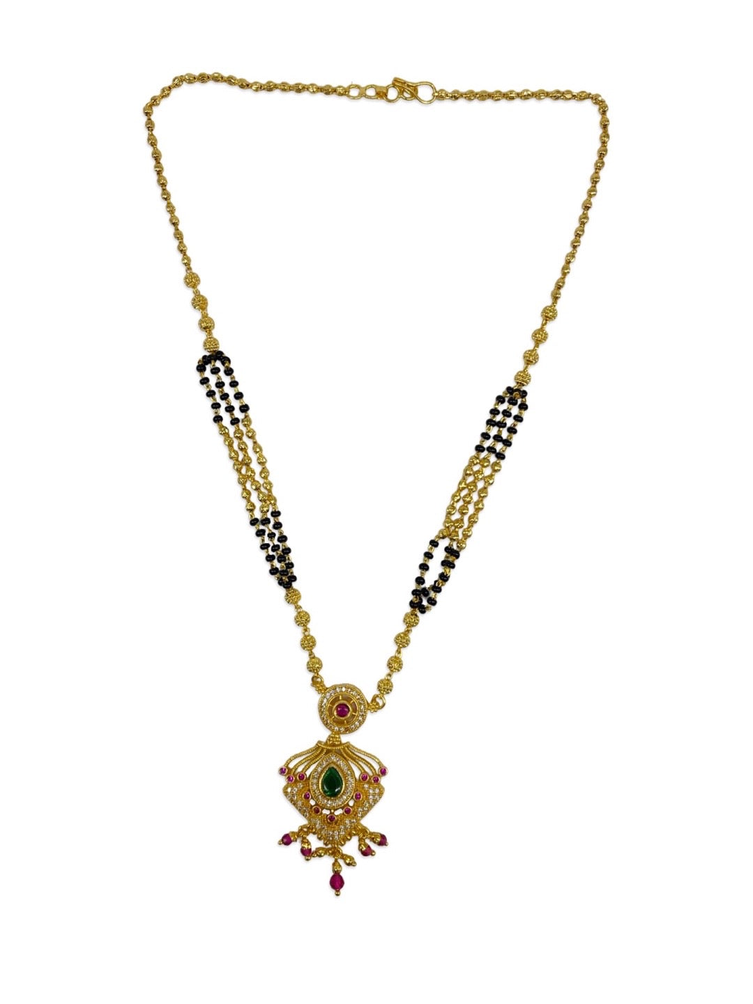 image for Modern Short Mangalsutra Designs American Diamond Fancy Pendant With Latkan Gold/Black Beads Chain