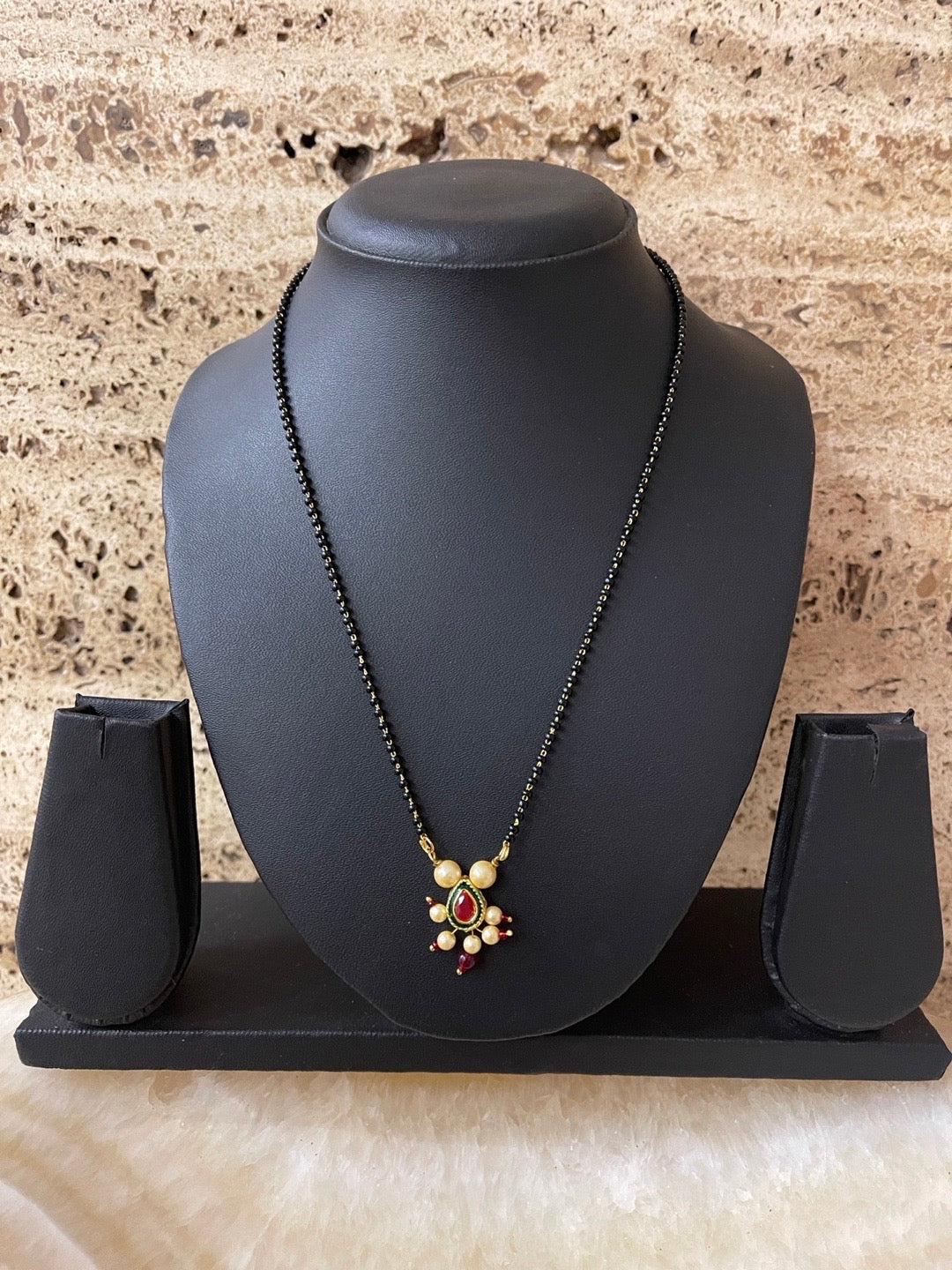 image for Marathi Style Short Mangalsutra Designs Moti Pendant Simple Black Beads Chain.