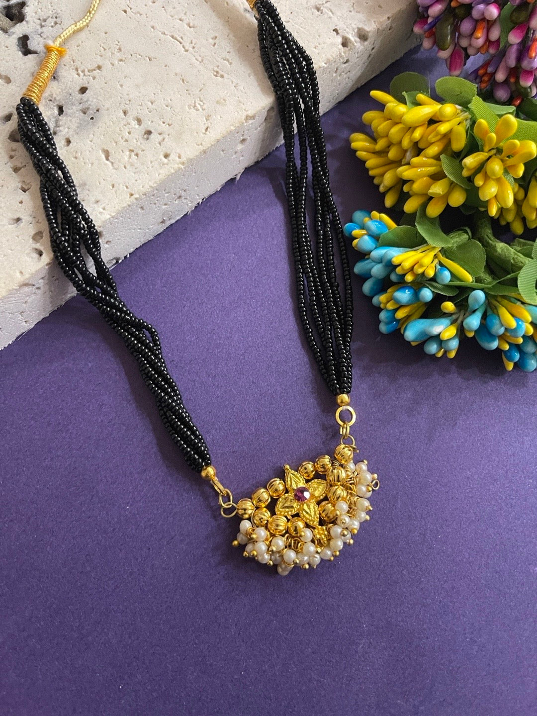 image for Short Thushi Mangalsutra Flower Design With 6 Line Black Beads