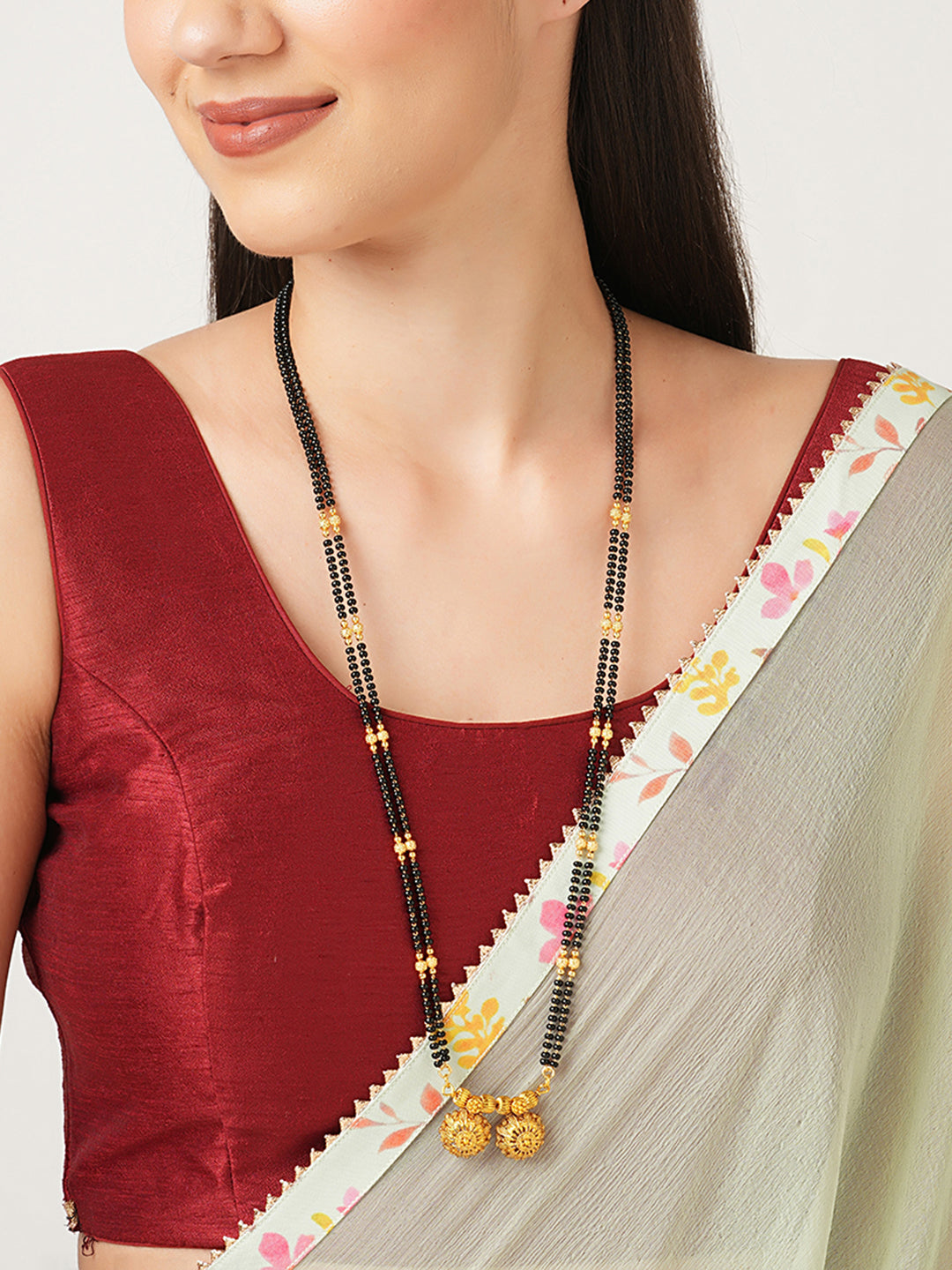 image for Gold Plated Maharashtrian Long Mangalsutra Designs Big Vati Black Beads Chain Latest Unique Designs