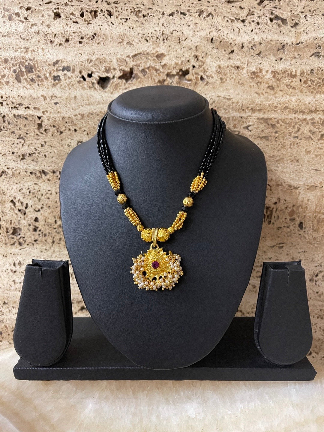 image for Maharashtrian Style Short Thushi Mangalsutra Designs Gold Pendant With White Moti Black Beads Chain