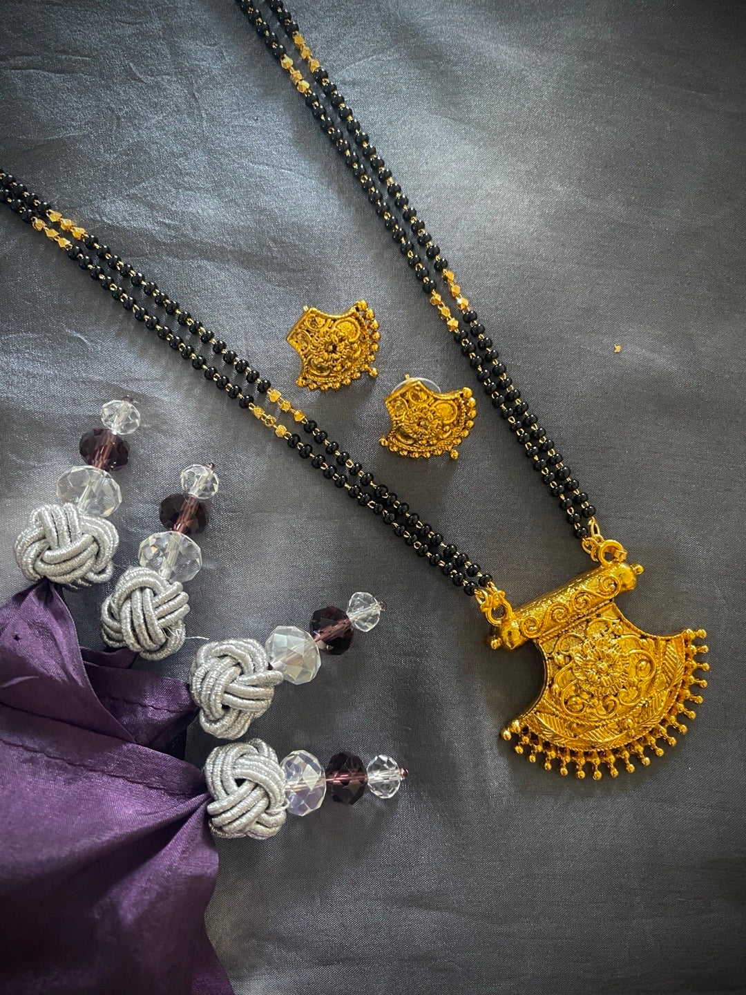 image for Artificial Short Gold Mangalsutra Set In Traditional Marathi Style 2 Line Gold & Black Beads Chain