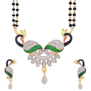 image for Long Mangalsutra Designs Gold Plated Latest American Diamond Peacock Pendant Mangalsutra & Earrings