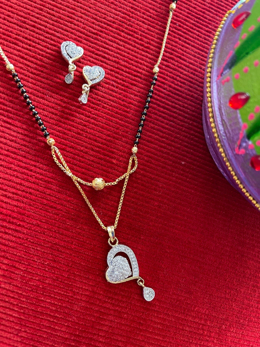 image for Short Mangalsutra Designs set with earrings gold mangalsutra diamond Love heart black beads chain