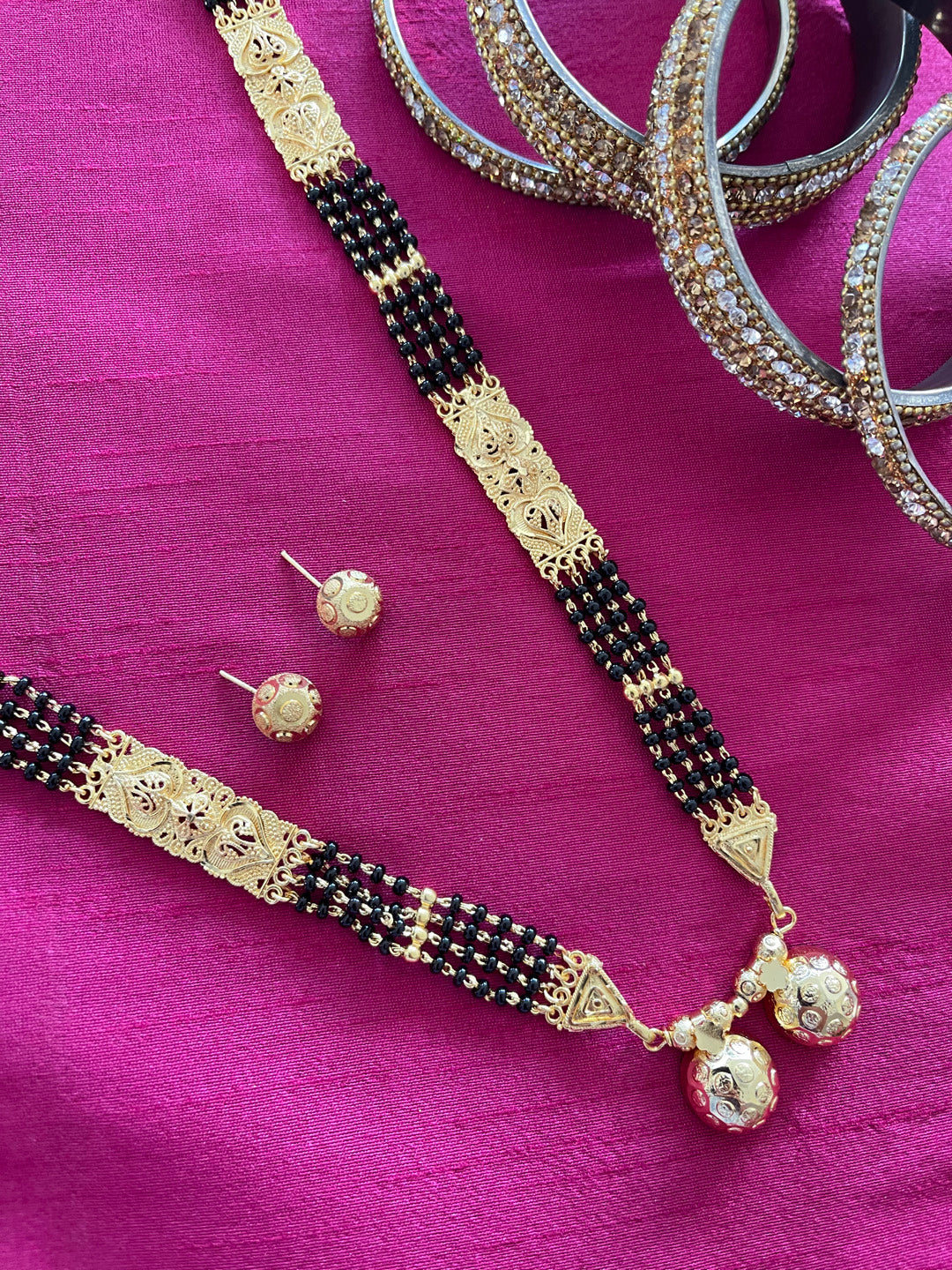 image for Long Mangalsutra Designs set with earrings heavy gold mangalsutra Vati Pendant black beads chain