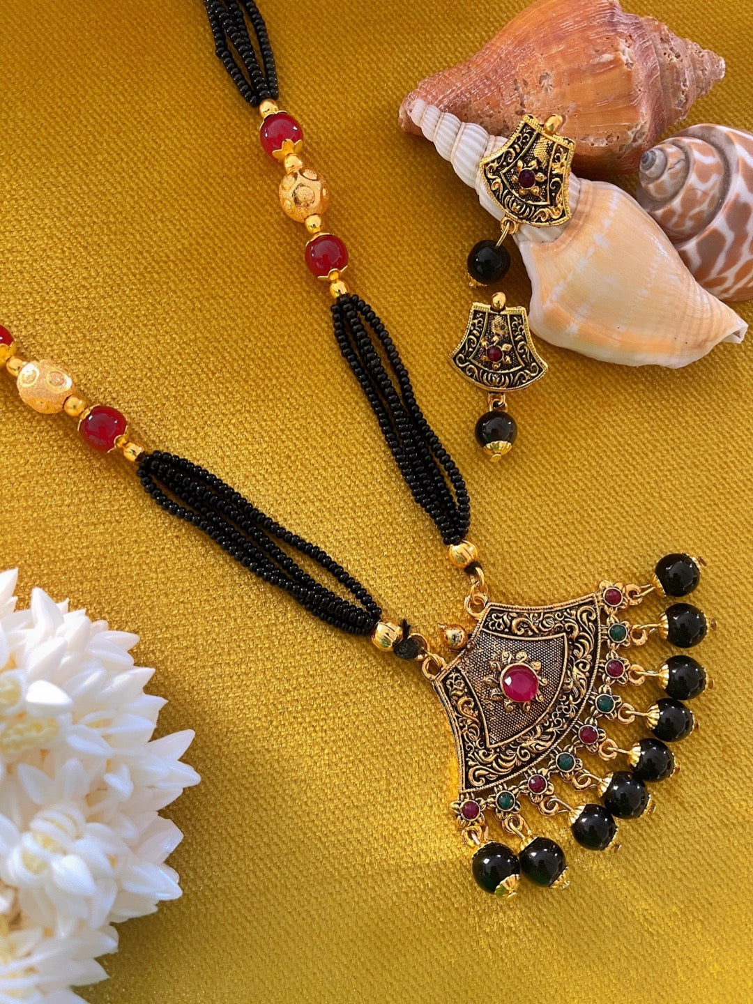 Brass High Gold Antique Rajwadi Long Mangalsutra set with Earrings Catalog