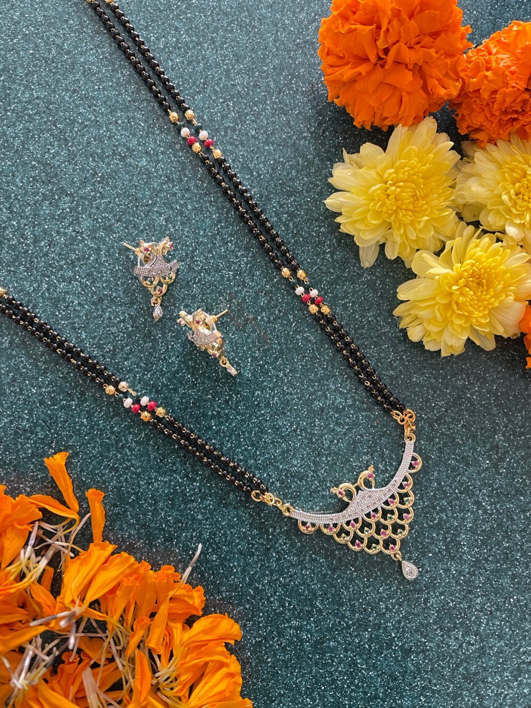 image for Long Mangalsutra Designs set with diamond earrings gold mangalsutra Peacock design multicolor chain